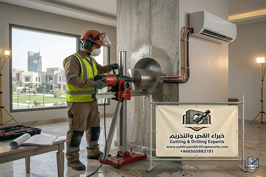 فتح كور مكيفات حي الجامعة في جدة باستخدام الكور الماسي لعمل فتحات دقيقة لمكيفات السبليت والمركزي بدون تكسير وبأعلى دقة